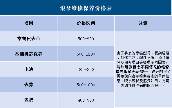 浪琴售后维修保养费用价目表